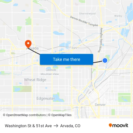 Washington St & 51st Ave to Arvada, CO map