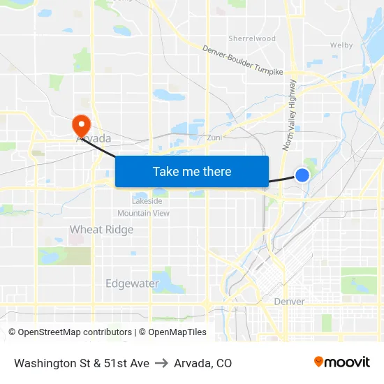 Washington St & 51st Ave to Arvada, CO map