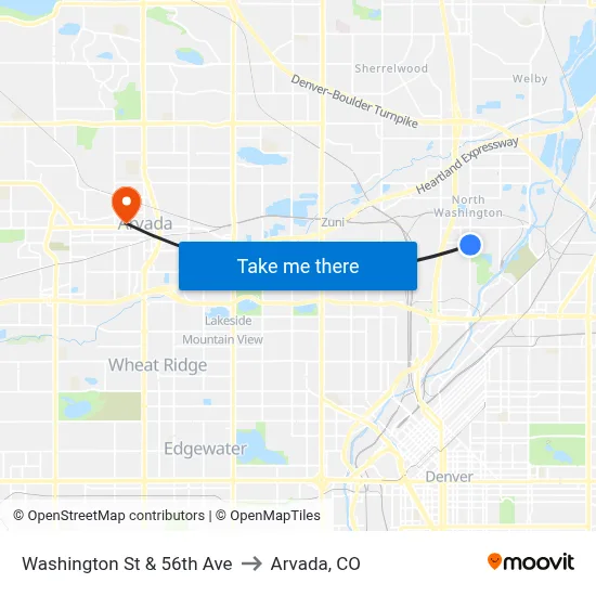 Washington St & 56th Ave to Arvada, CO map