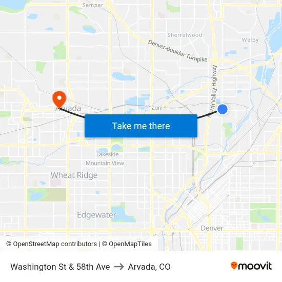 Washington St & 58th Ave to Arvada, CO map