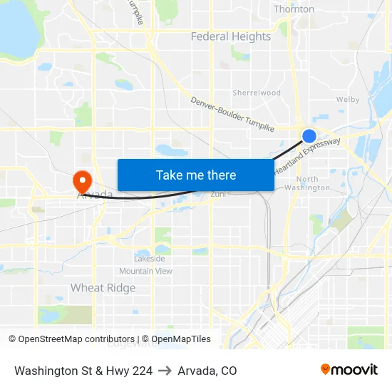 Washington St & Hwy 224 to Arvada, CO map