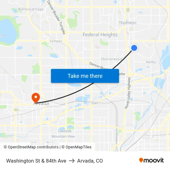 Washington St & 84th Ave to Arvada, CO map