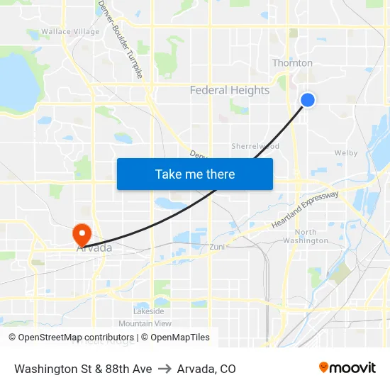 Washington St & 88th Ave to Arvada, CO map