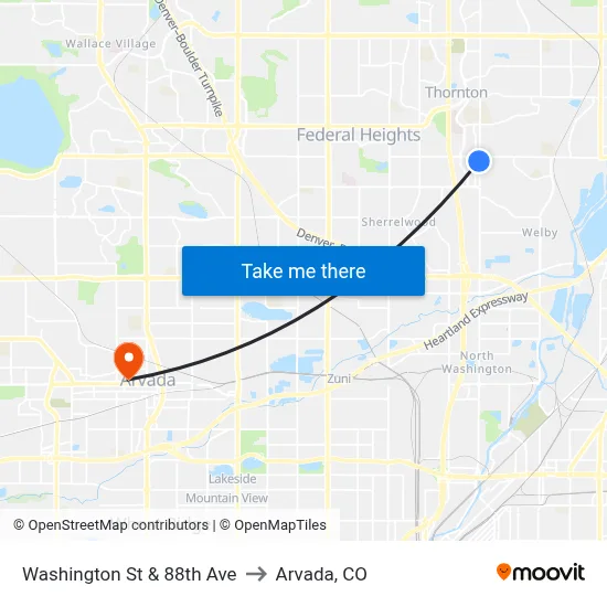 Washington St & 88th Ave to Arvada, CO map