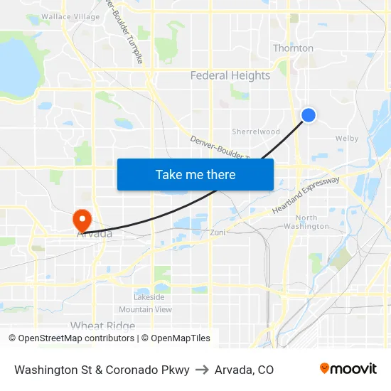 Washington St & Coronado Pkwy to Arvada, CO map