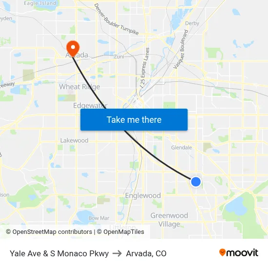 Yale Ave & S Monaco Pkwy to Arvada, CO map