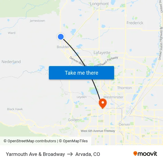 Yarmouth Ave & Broadway to Arvada, CO map