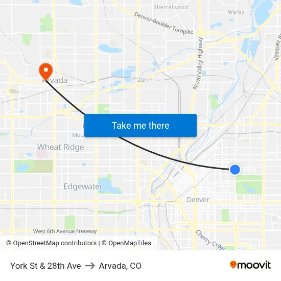 York St & 28th Ave to Arvada, CO map