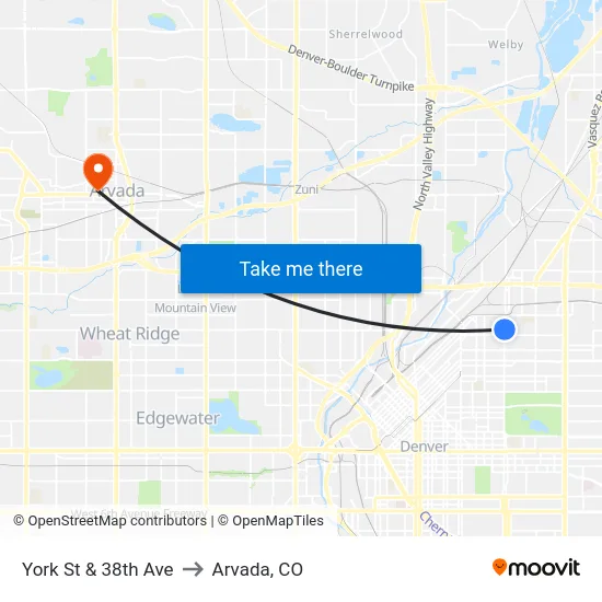 York St & 38th Ave to Arvada, CO map