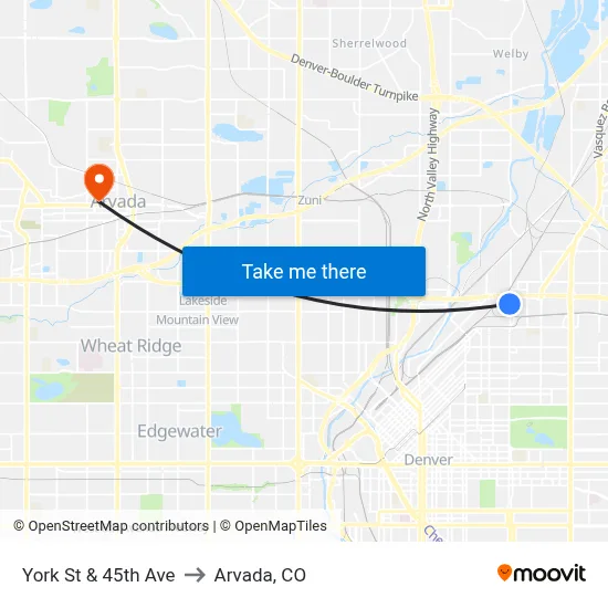 York St & 45th Ave to Arvada, CO map