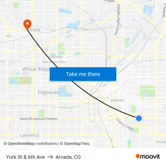 York St & 6th Ave to Arvada, CO map