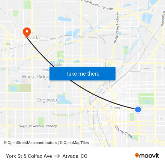 York St & Colfax Ave to Arvada, CO map