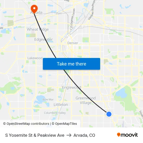 S Yosemite St & Peakview Ave to Arvada, CO map