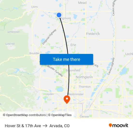 Hover St & 17th Ave to Arvada, CO map