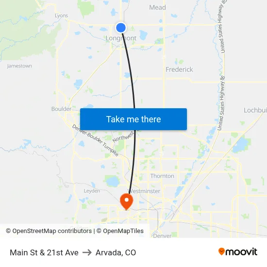 Main St & 21st Ave to Arvada, CO map