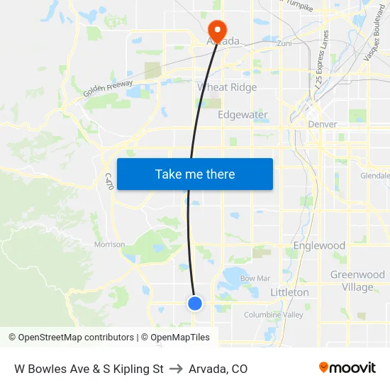 W Bowles Ave & S Kipling St to Arvada, CO map