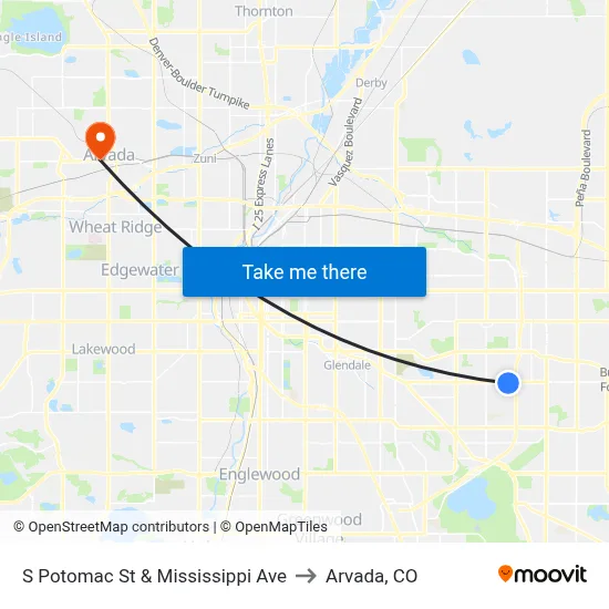 S Potomac St & Mississippi Ave to Arvada, CO map