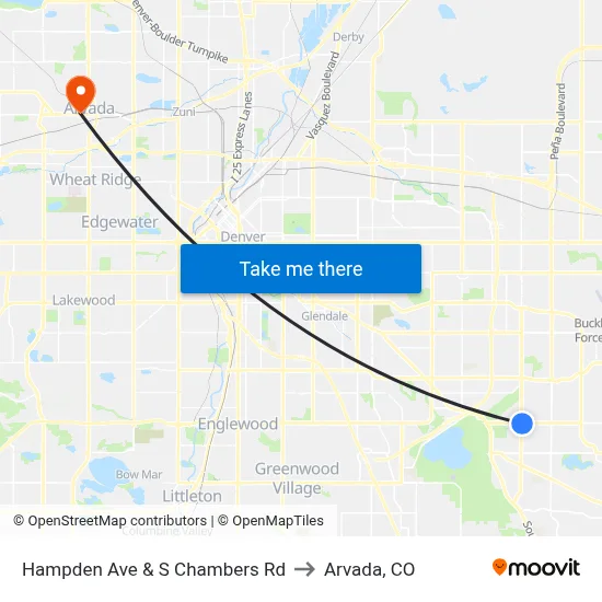 Hampden Ave & S Chambers Rd to Arvada, CO map