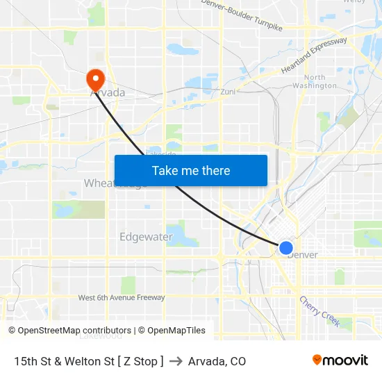 15th St & Welton St [ Z Stop ] to Arvada, CO map