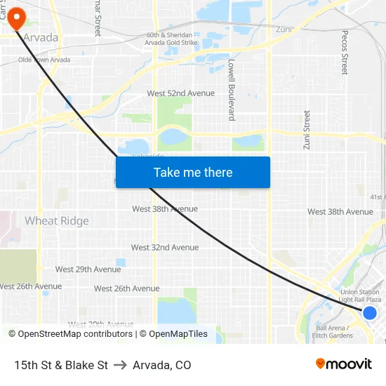 15th St & Blake St to Arvada, CO map