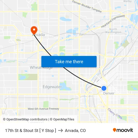 17th St & Stout St [ Y Stop ] to Arvada, CO map