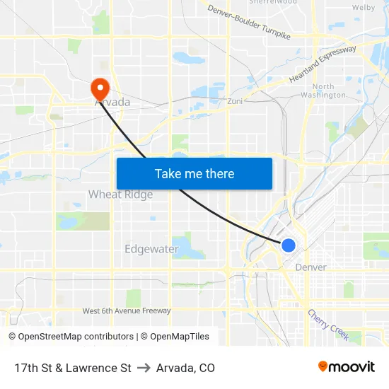 17th St & Lawrence St to Arvada, CO map