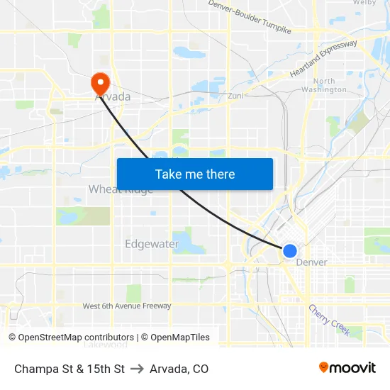 Champa St & 15th St to Arvada, CO map