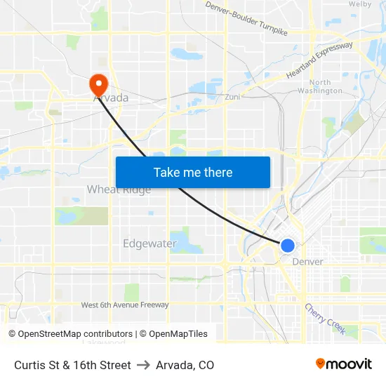 Curtis St & 16th Street to Arvada, CO map