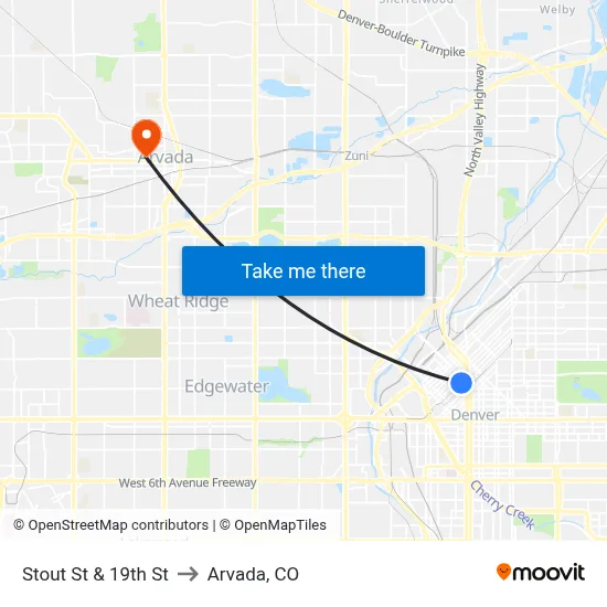 Stout St & 19th St to Arvada, CO map