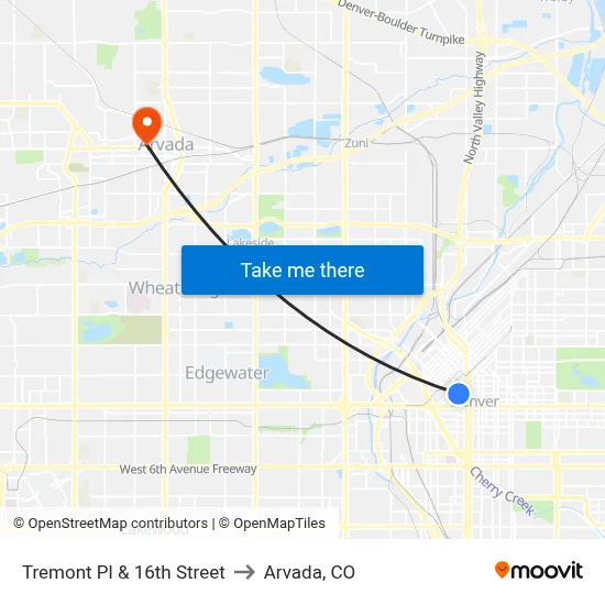 Tremont Pl & 16th Street to Arvada, CO map