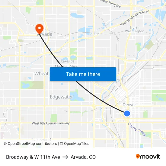 Broadway & W 11th Ave to Arvada, CO map