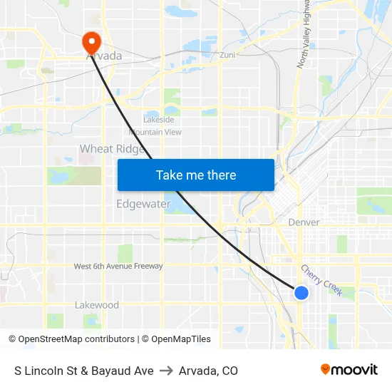 S Lincoln St & Bayaud Ave to Arvada, CO map