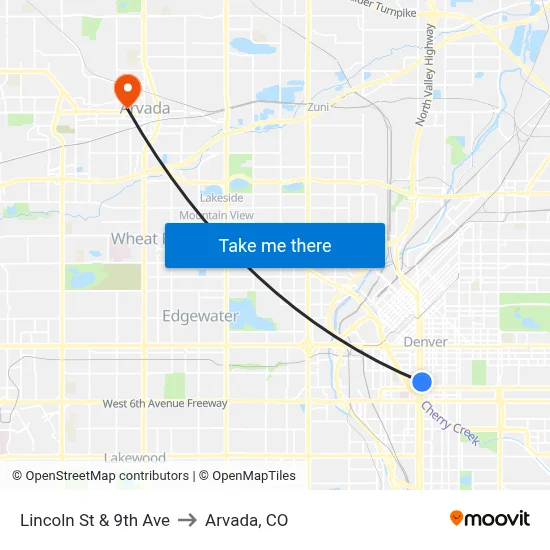 Lincoln St & 9th Ave to Arvada, CO map