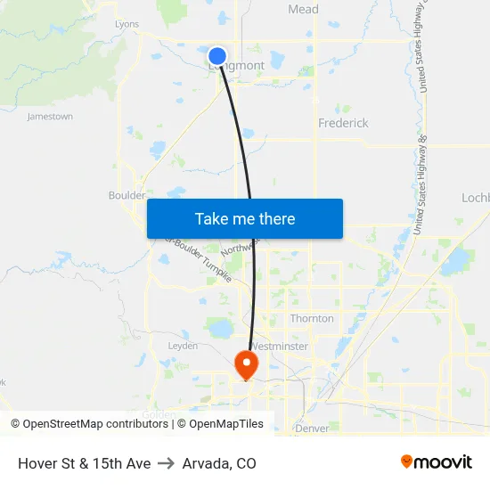 Hover St & 15th Ave to Arvada, CO map