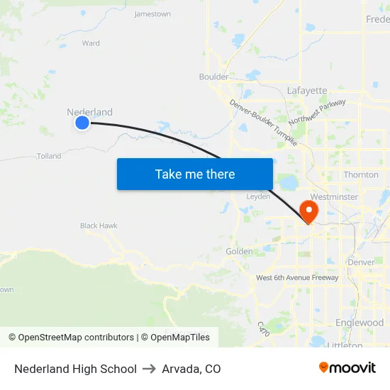 Nederland High School to Arvada, CO map