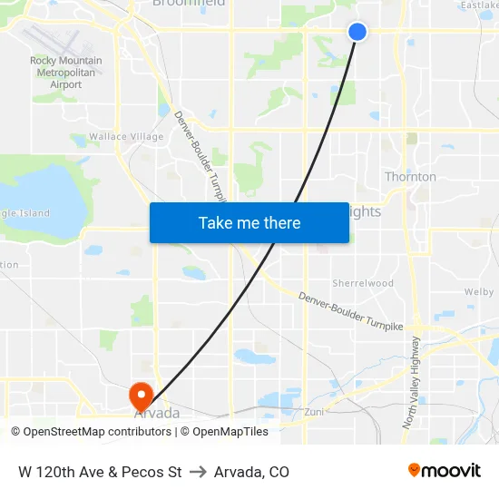 W 120th Ave & Pecos St to Arvada, CO map