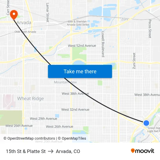 15th St & Platte St to Arvada, CO map