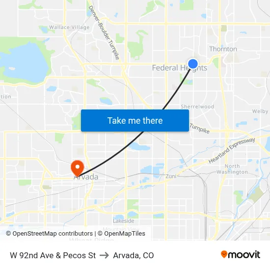 W 92nd Ave & Pecos St to Arvada, CO map