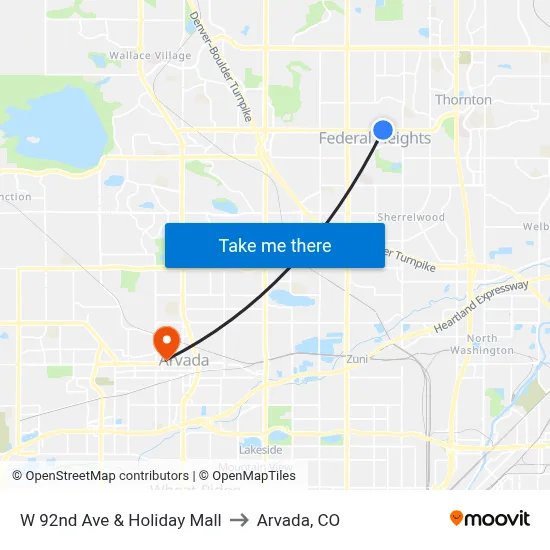 W 92nd Ave & Holiday Mall to Arvada, CO map