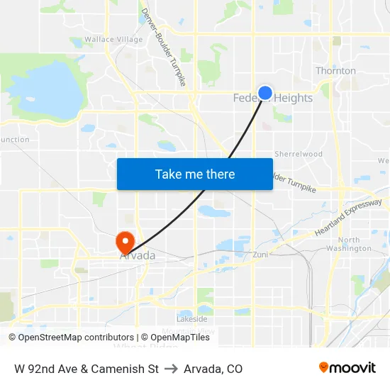 W 92nd Ave & Camenish St to Arvada, CO map