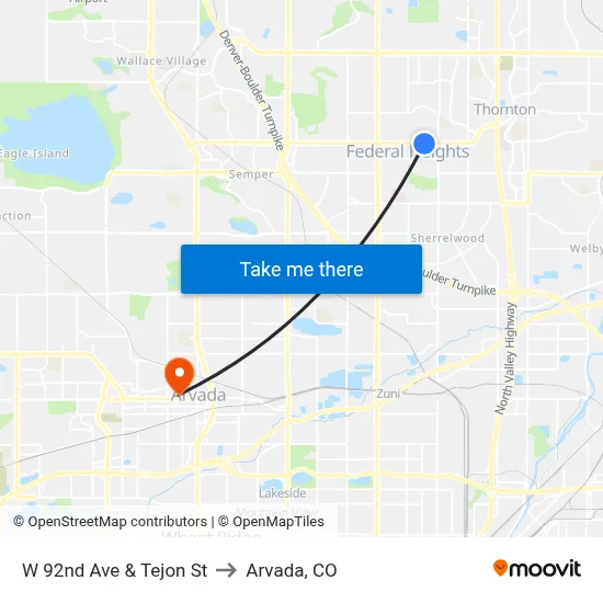 W 92nd Ave & Tejon St to Arvada, CO map