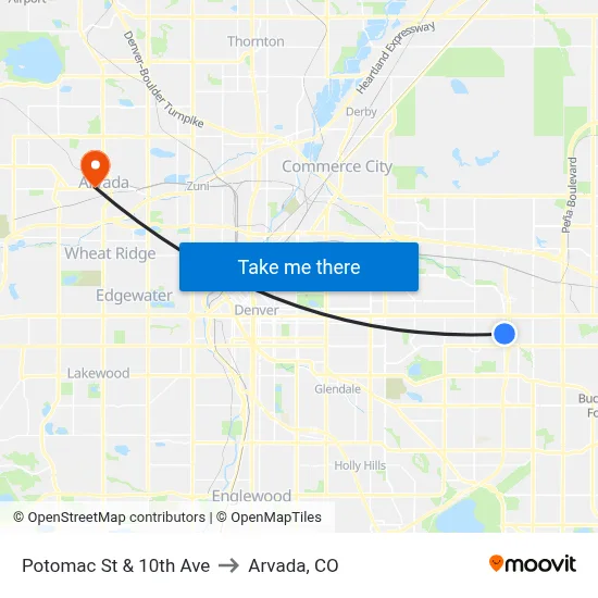 Potomac St & 10th Ave to Arvada, CO map