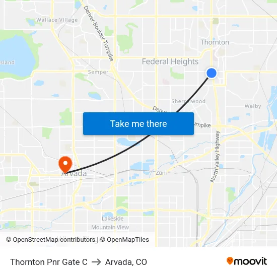 Thornton Pnr Gate C to Arvada, CO map