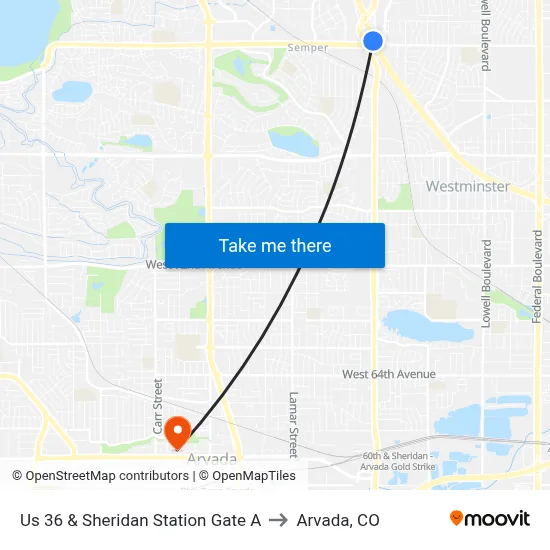 Us 36 & Sheridan Station Gate A to Arvada, CO map