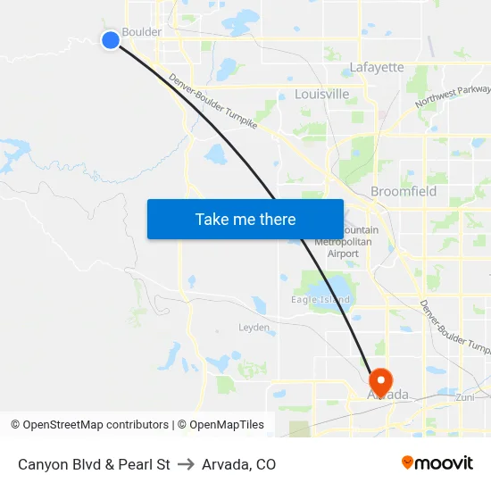 Canyon Blvd & Pearl St to Arvada, CO map