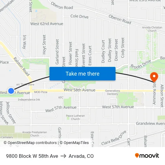 9800 Block W 58th Ave to Arvada, CO map