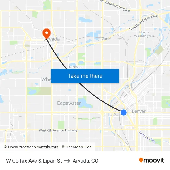 W Colfax Ave & Lipan St to Arvada, CO map