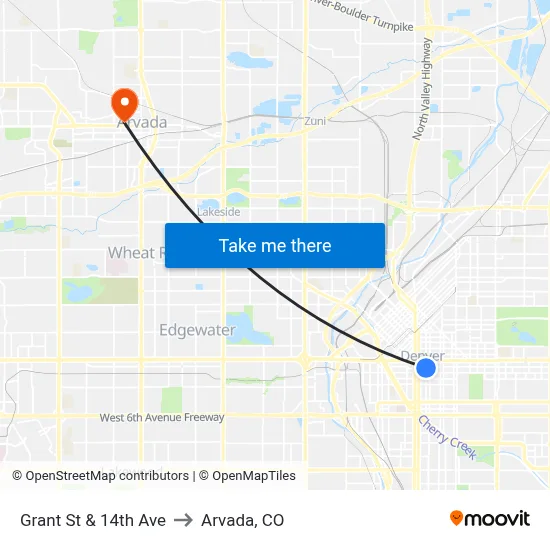 Grant St & 14th Ave to Arvada, CO map