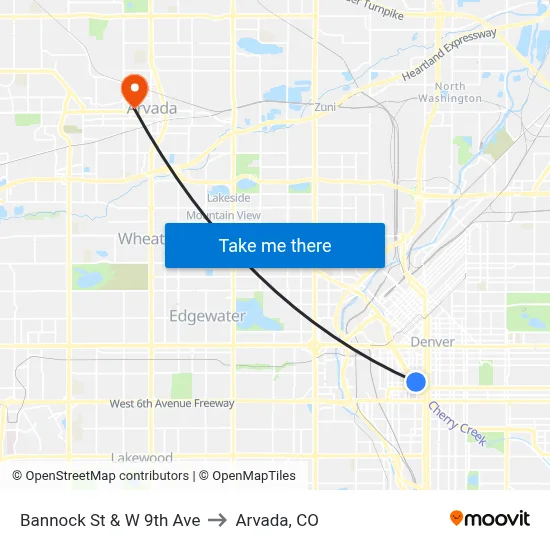 Bannock St & W 9th Ave to Arvada, CO map