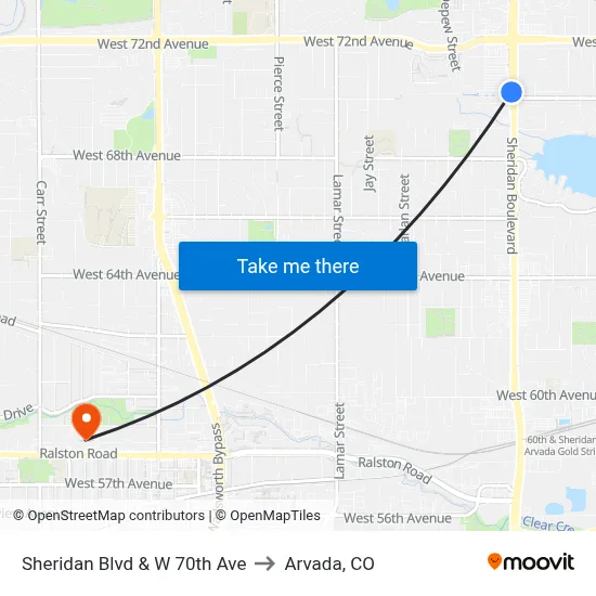 Sheridan Blvd & W 70th Ave to Arvada, CO map